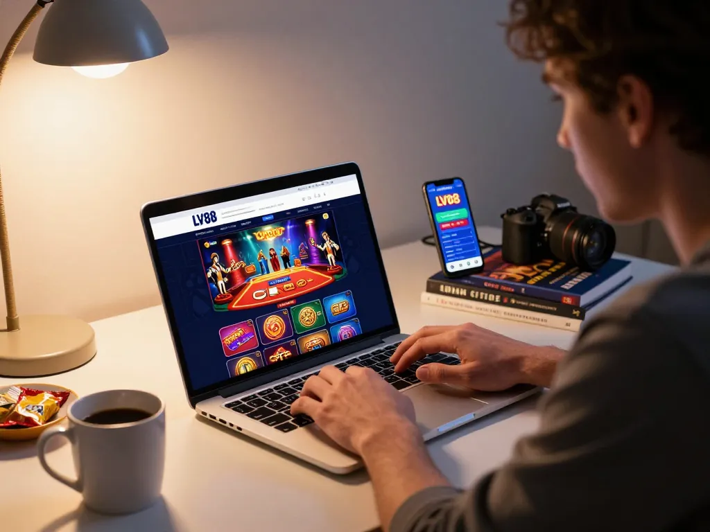 Player enjoying a strategic online gaming session at LV88, showcasing a home setup with laptop and snacks.