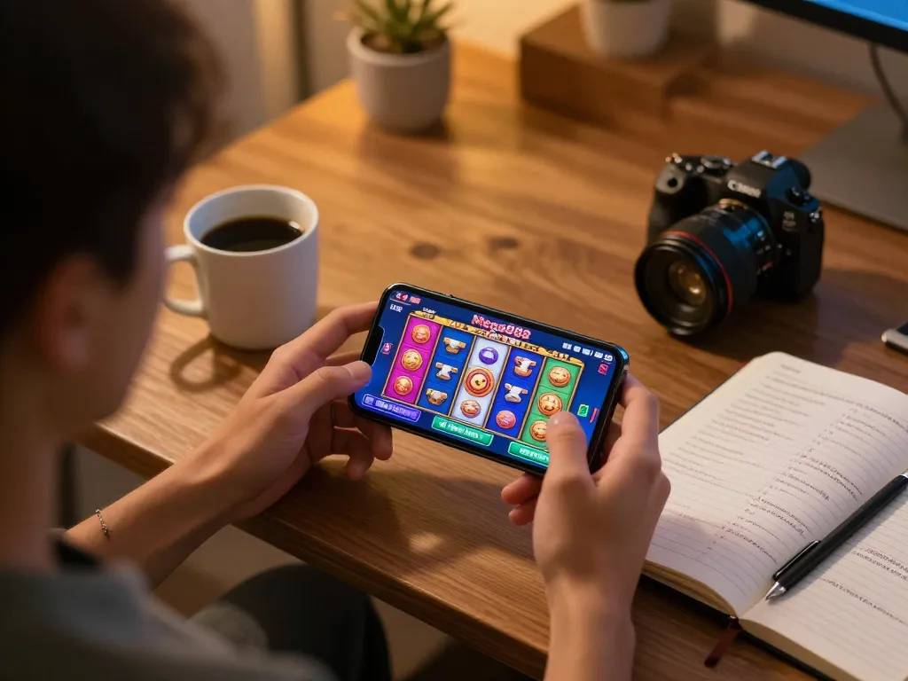 Mega888 APK gameplay interface displayed on smartphone with vibrant slot machine reels.