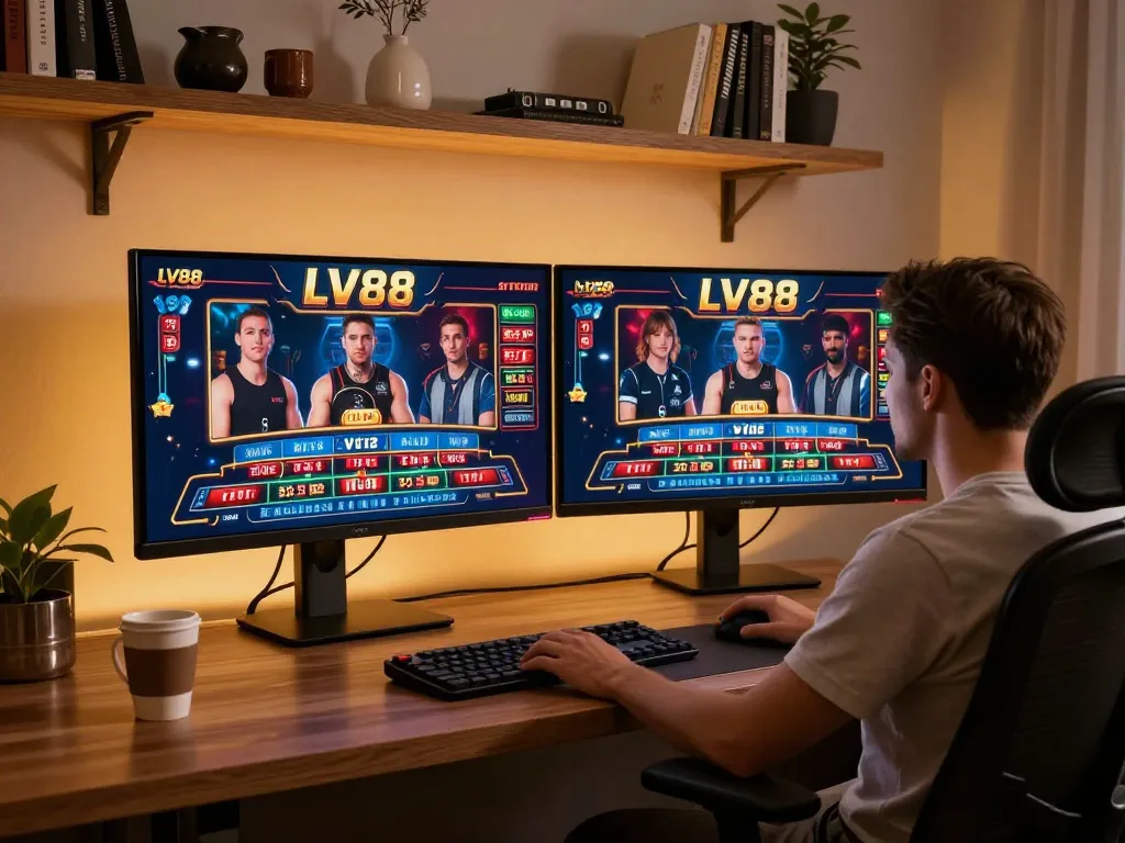 Engaged player placing strategic bets on LV88 online casino games at a modern gaming setup.