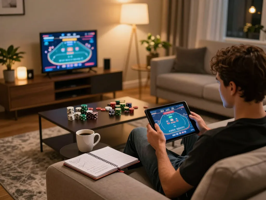Engaging in online poker at nk88 using a tablet in a comfortable living room.