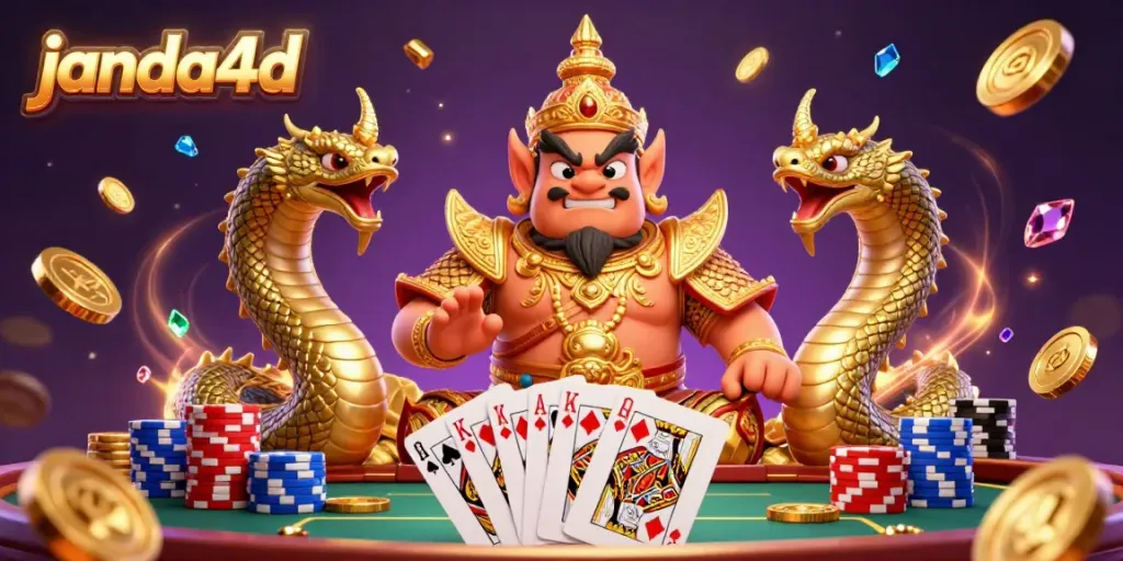 Permainan judi di JANDA4D dengan harta bertema naga, koin emas, dan tumpukan chip poker.