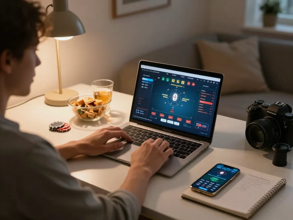 Player engages in online poker while tracking strategies, highlighting tr88 gaming immersion.