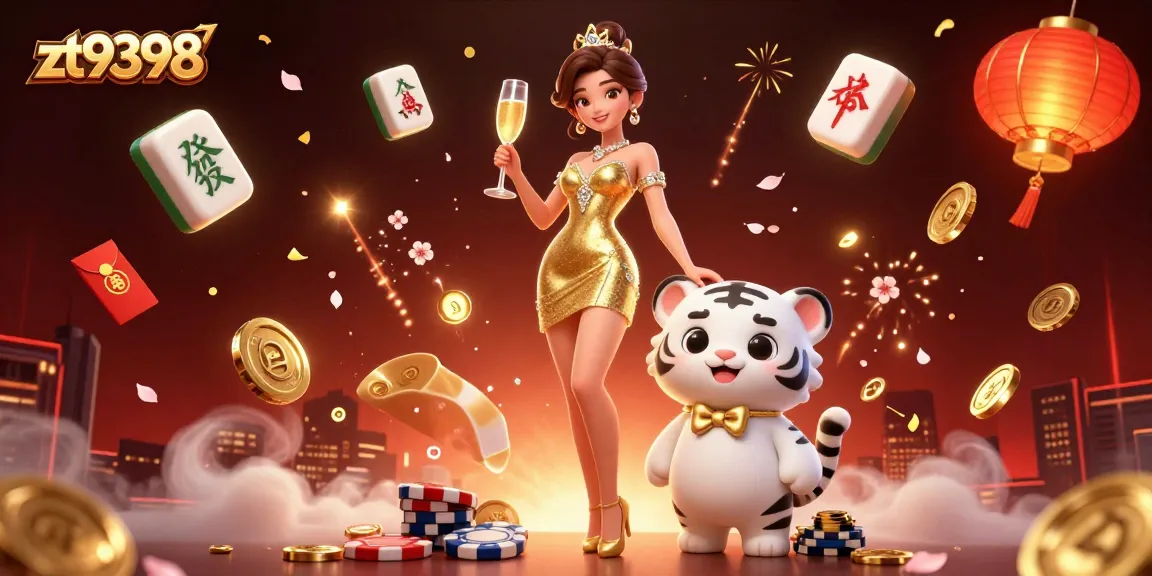 Play exciting games at zt9398 with glamorous casino elements and a whimsical tiger companion.