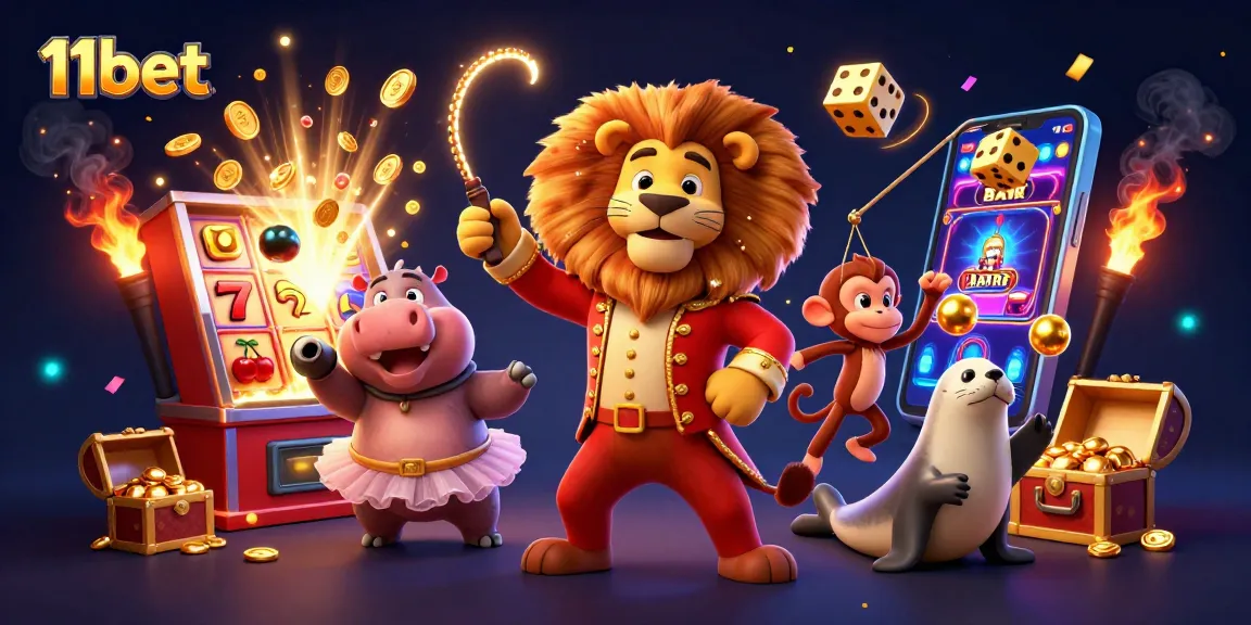 Experience thrilling gameplay with 11bet in a vibrant, dynamic casino scene featuring animated characters.
