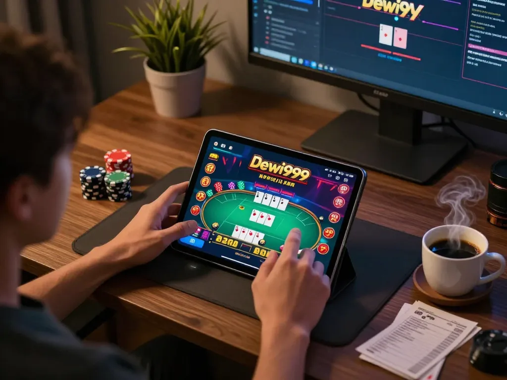 Seseorang yang terlibat dalam sesi permainan online yang fokus menggunakan aplikasi Dewi999, menampilkan grafis poker yang cerah.
