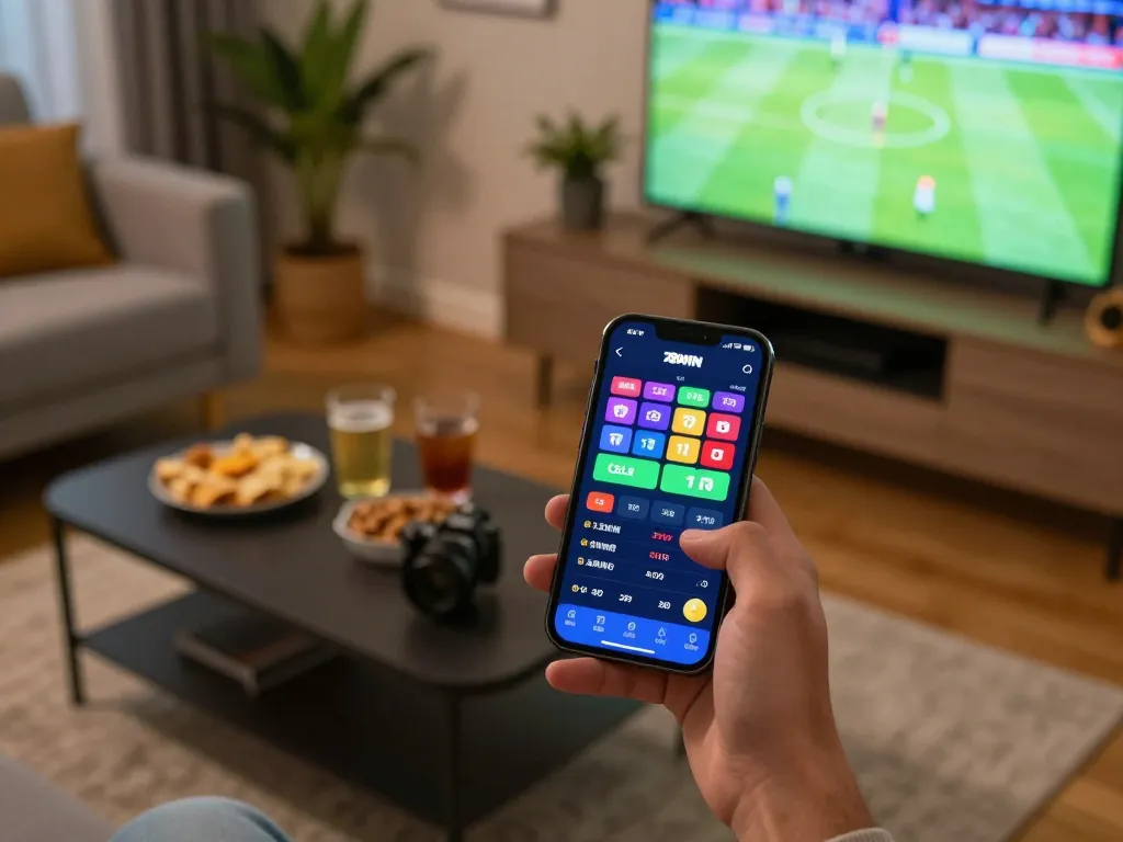 Player using 78win app for sports betting in a cozy home setup, vibrant live odds on smartphone