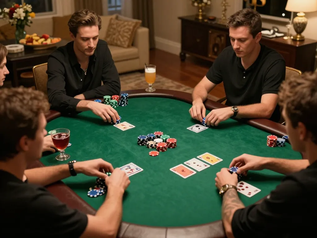 Pemain yang terlibat menikmati permainan poker yang mendebarkan di rumah, menampilkan strategi aman788 dengan taruhan tinggi dan chip berwarna-warni.