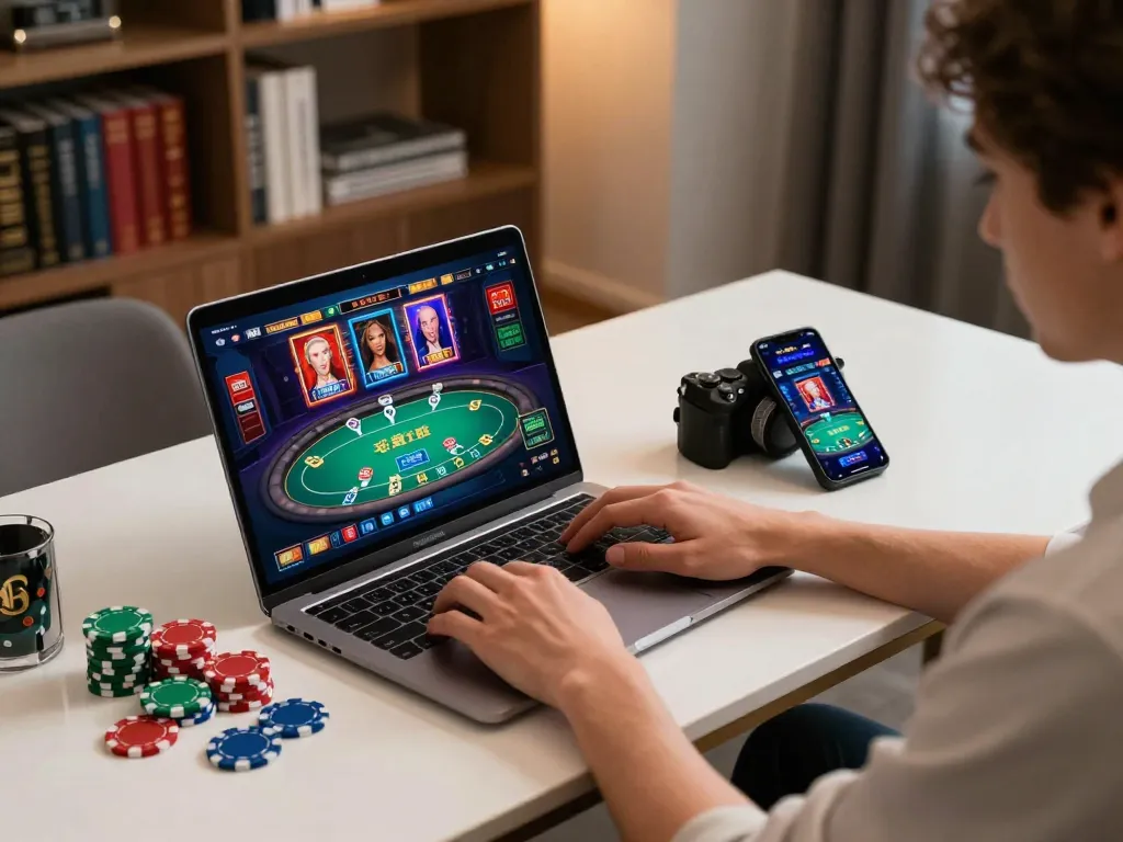 Engaging in online gaming at nhà cái BL555 with a laptop and vibrant poker interface.