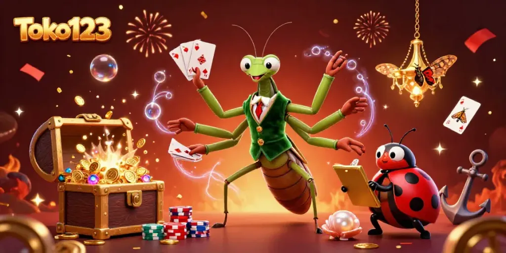 Toko123 features a card sharp and pit boss in a chaotic casino scene celebrating with gold coins and confetti.