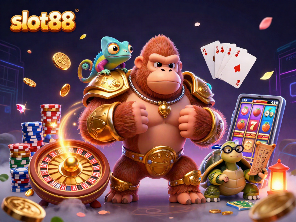 Spin big with slot88 as a gorilla king in armor and his chameleon companion celebrate winning