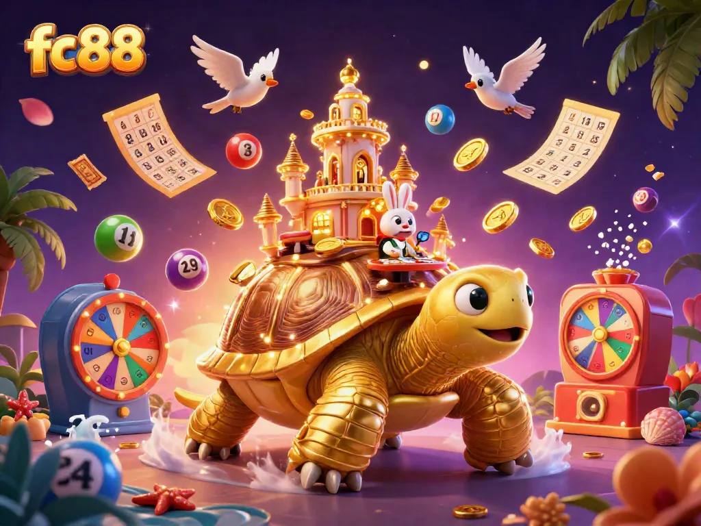 Experience gaming excitement with fc88 as colorful lottery balls rain down around a vibrant casino scene.