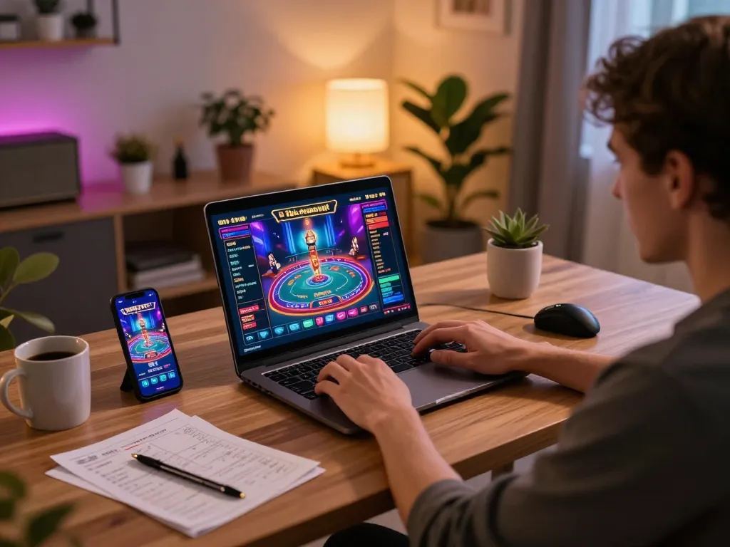 Engaging online casino gaming setup on https://kjc.events/ with laptop and smartphone in cozy home office.