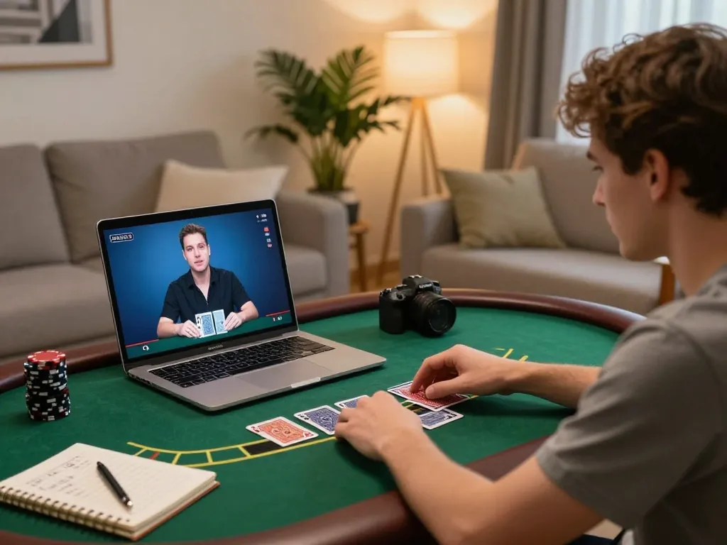 LIGA2000 online gaming scene with player focused on live blackjack game at home, strategic atmosphere.