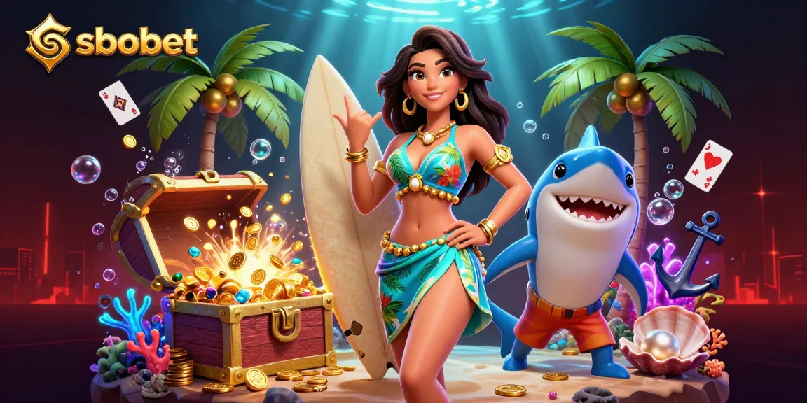 Experience sbobet in action with a glamorous woman and a fun shark amidst vibrant casino-themed elements.