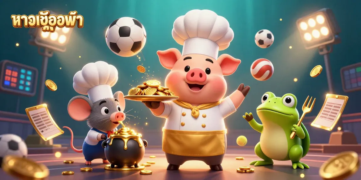 Engage with the vibrant ทางเข้ายูฟ่า scene featuring a pig chef and golden coins, showcasing exciting sports betting action.