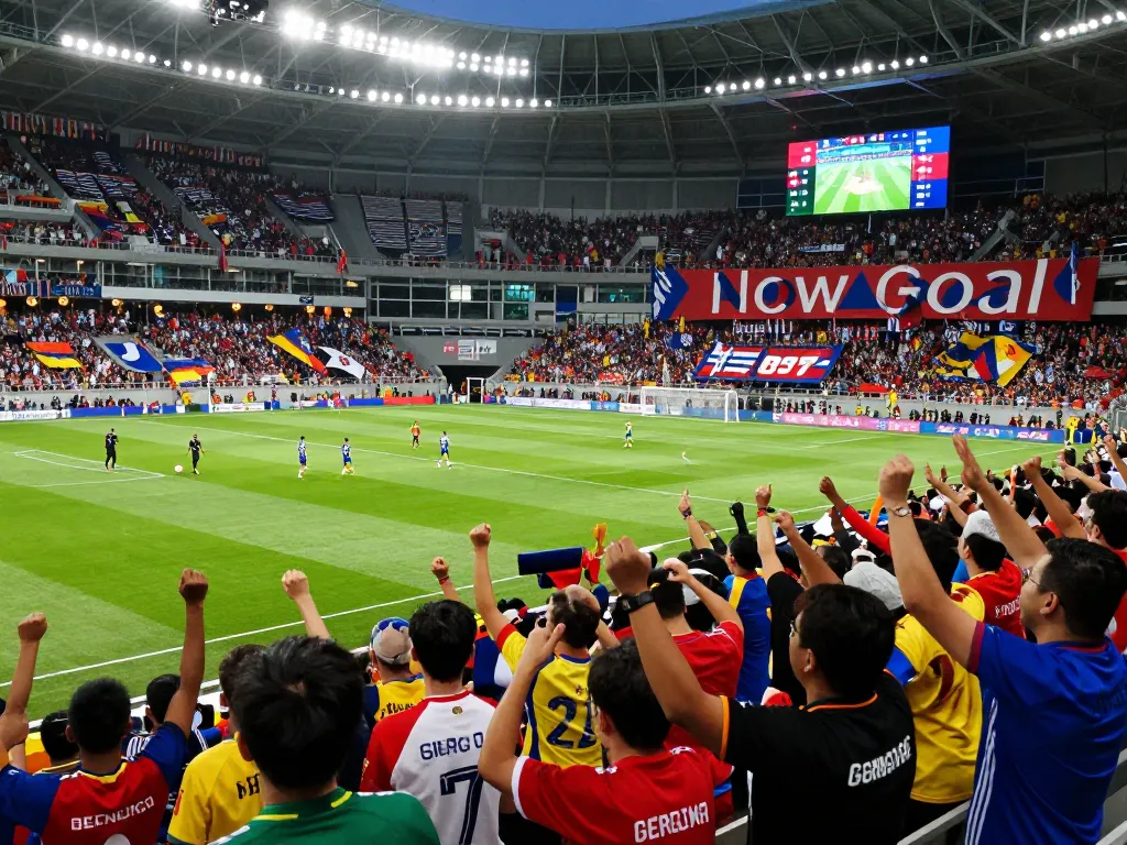 Exciting football match scene showcasing live scores on Now Goal at a vibrant stadium.