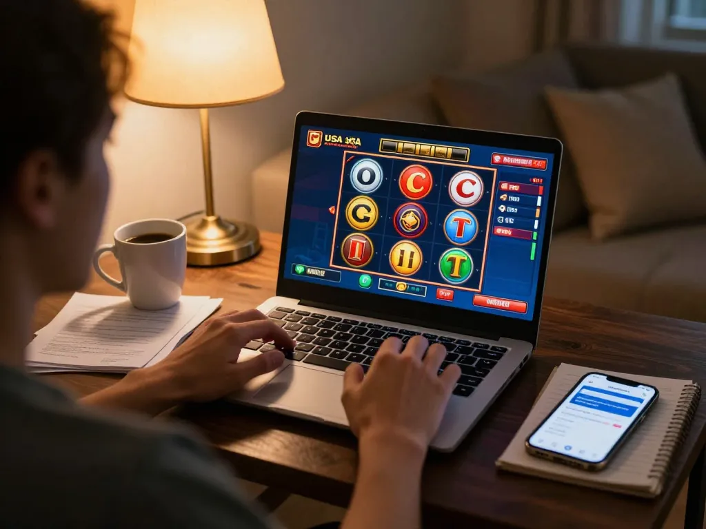 Engaged gameplay at online usa casinos with vibrant slot reels on a laptop screen.