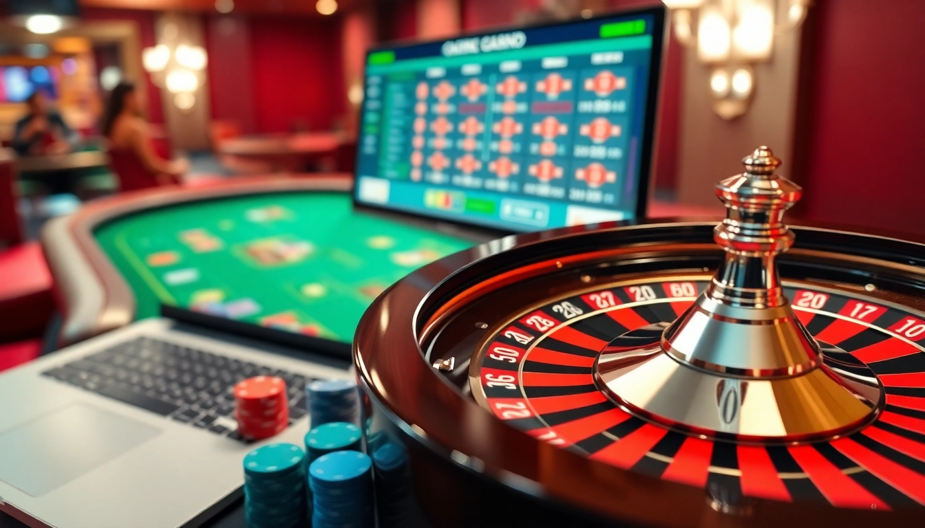 Engage in exhilarating games at https://rr88.mov/ with a vibrant poker table and spinning roulette wheel in a luxurious casino setting.