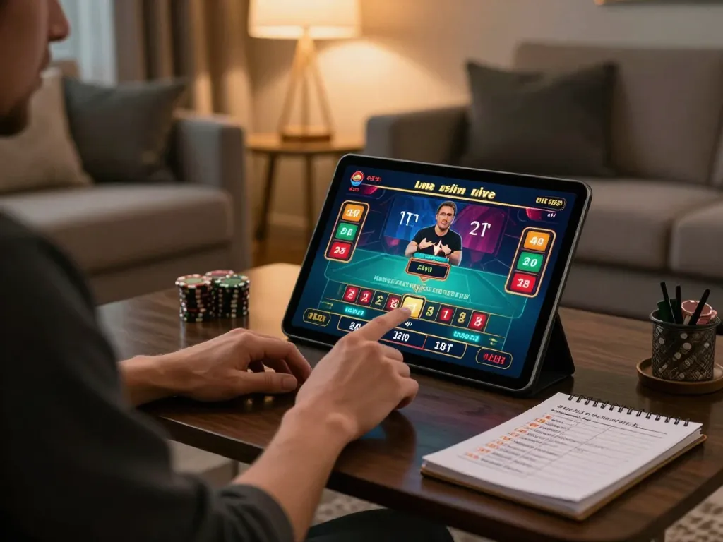 Engaged player using 789f ink betting strategies with live dealer on a tablet at home