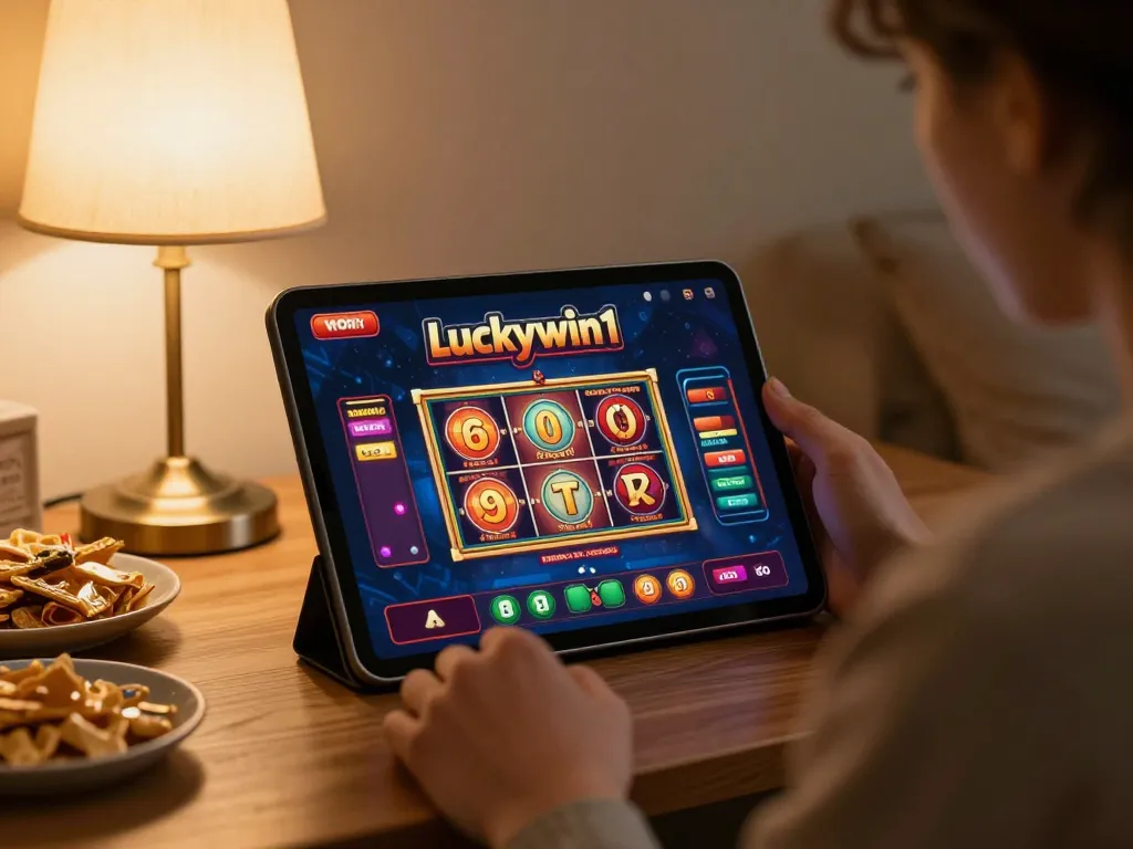 Player enjoying a luckywin1 slot game on a tablet in a cozy home setting.