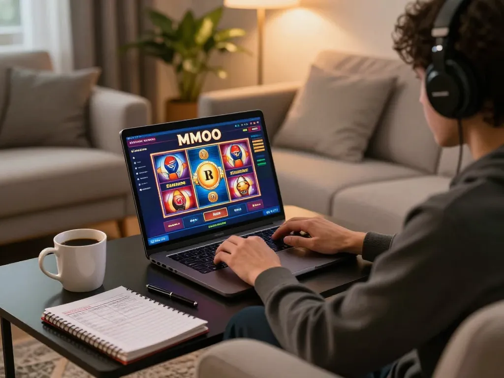 Engaging gaming session on MMOO with laptop displaying casino slots in a cozy living room.