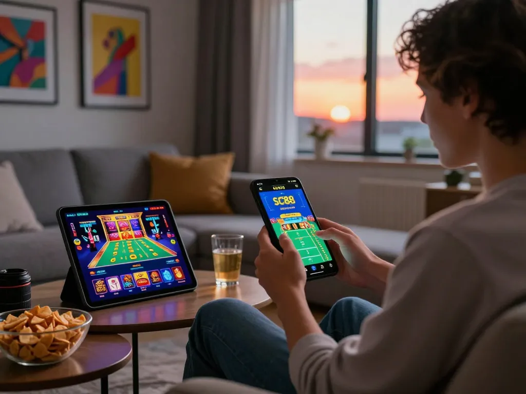 Engaging scene of a user playing SC8888 mobile app in a cozy living room, showcasing excitement and comfort.