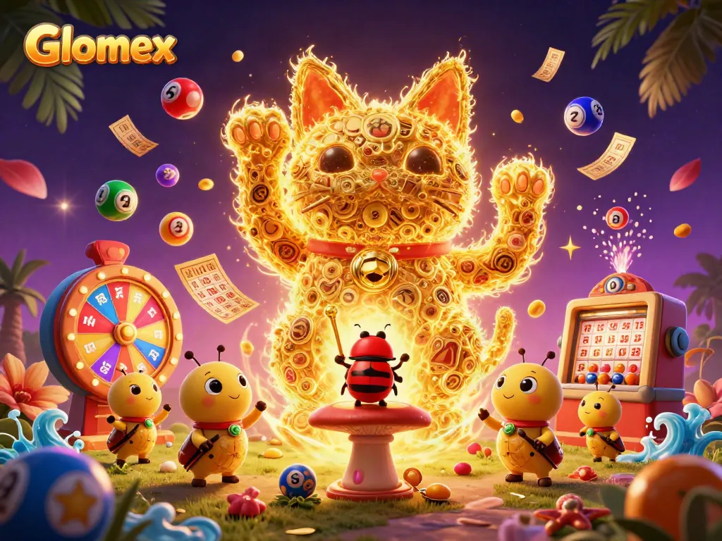 Engage with Glomex's vibrant gaming scene featuring a lucky cat amid dynamic casino symbols.