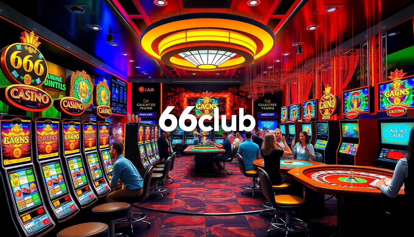 A lively online casino scene featuring 66club with vibrant slot machines and excited players celebrating wins.