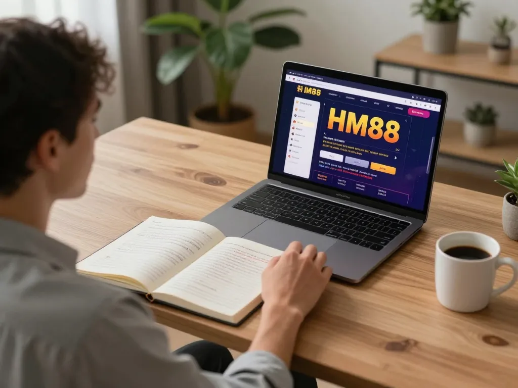 Engaging in online casino gaming with HM88 interface on laptop at home.