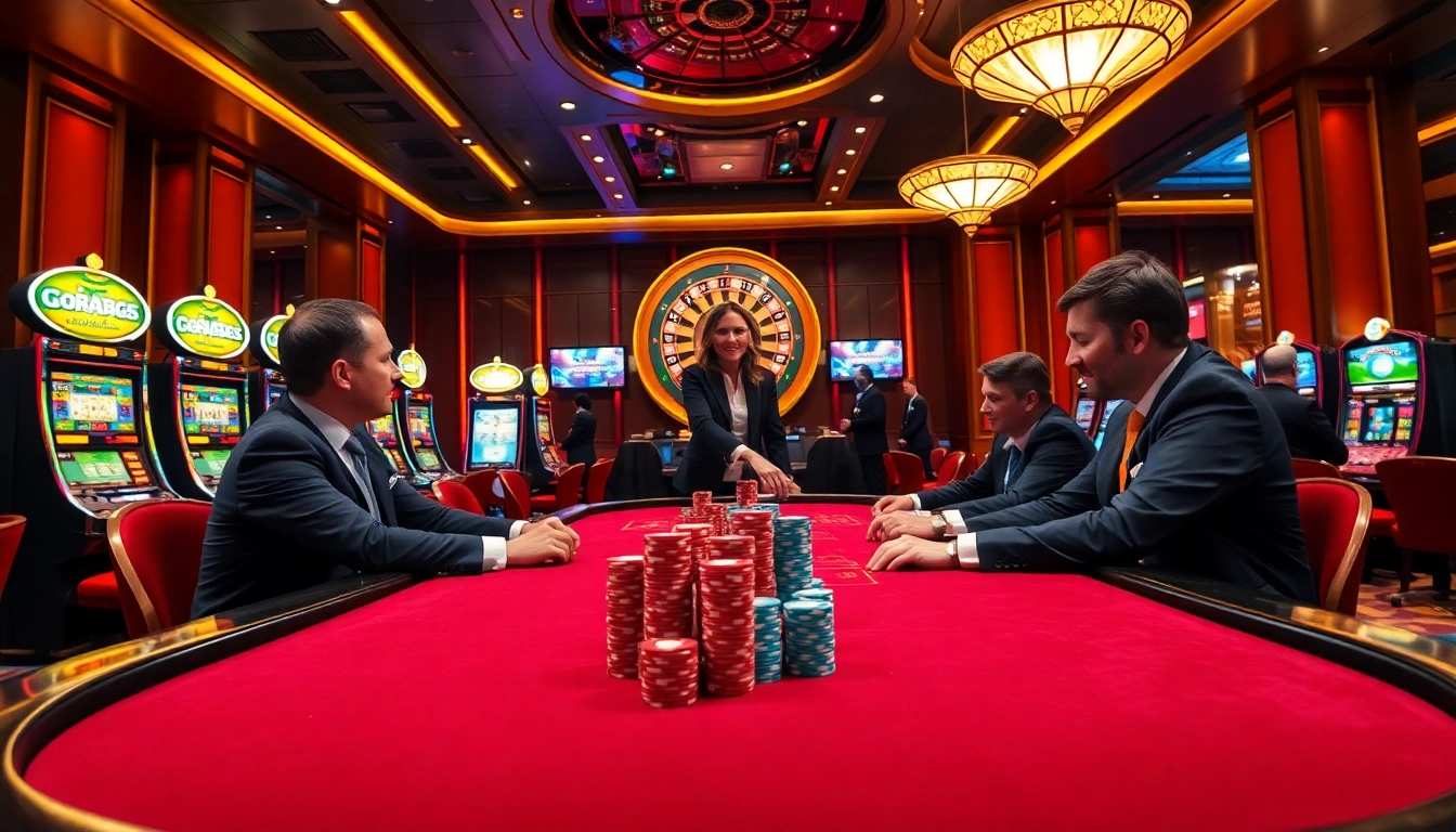 Players enjoy an exciting game of poker at G28 casino with colorful chips and bright machines.