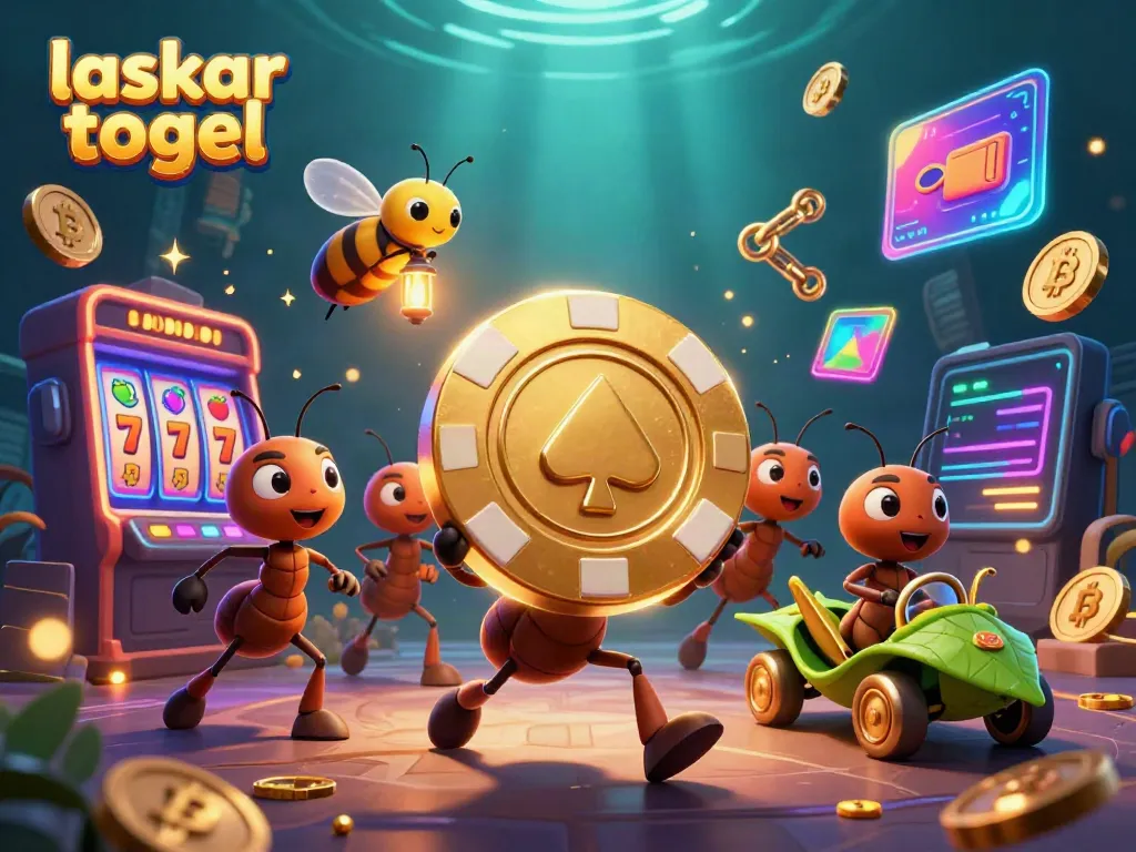 Engaging scene of laskar togel heist with animated ants and casino elements, conveying excitement.