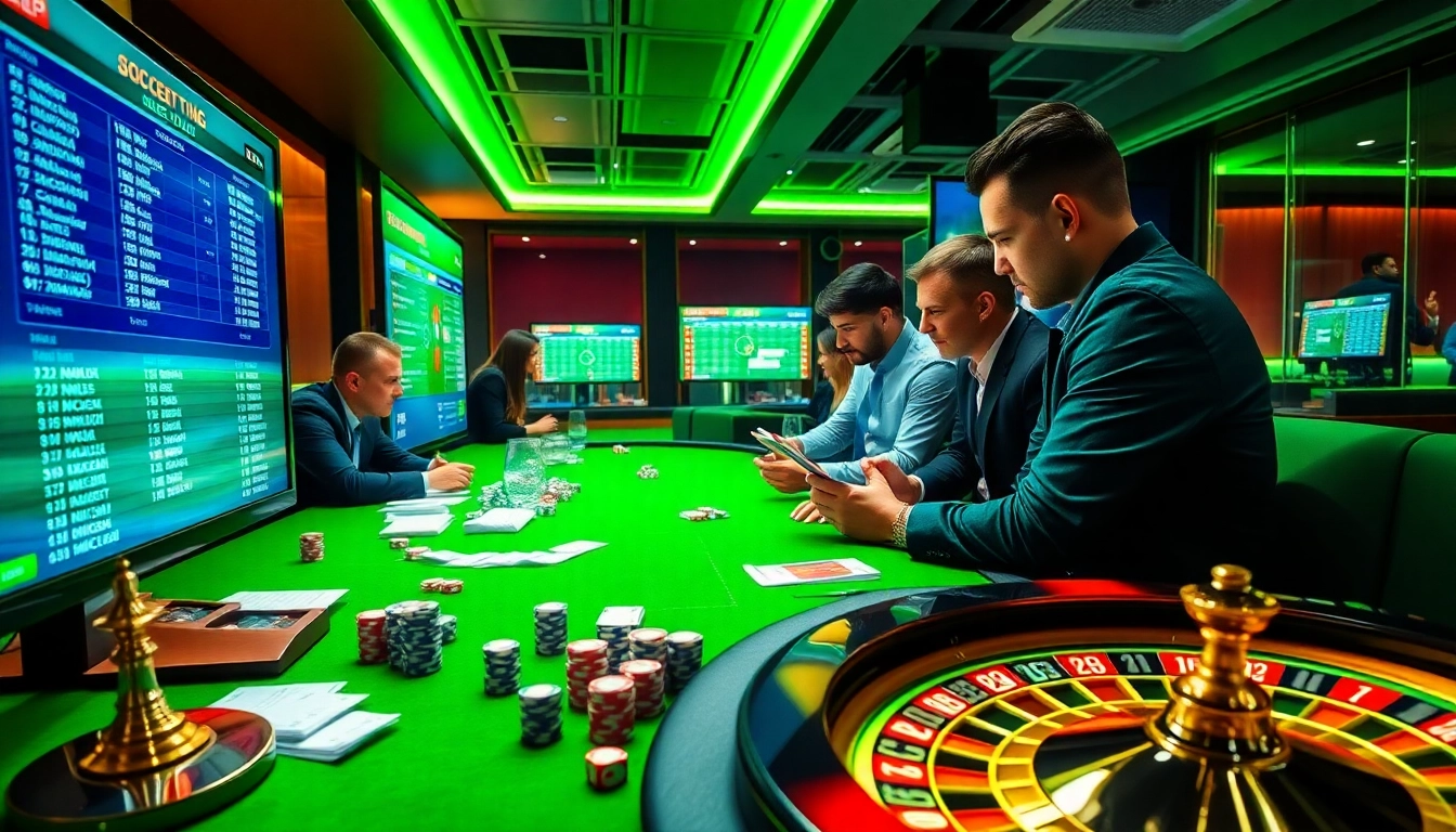 Situs Judi Bola players enjoying an exhilarating sports betting experience with vibrant casino elements.