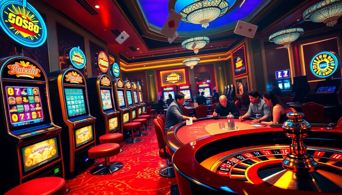 Players enjoying a lively game at PG88 casino with vibrant slot machines and roulette wheels.