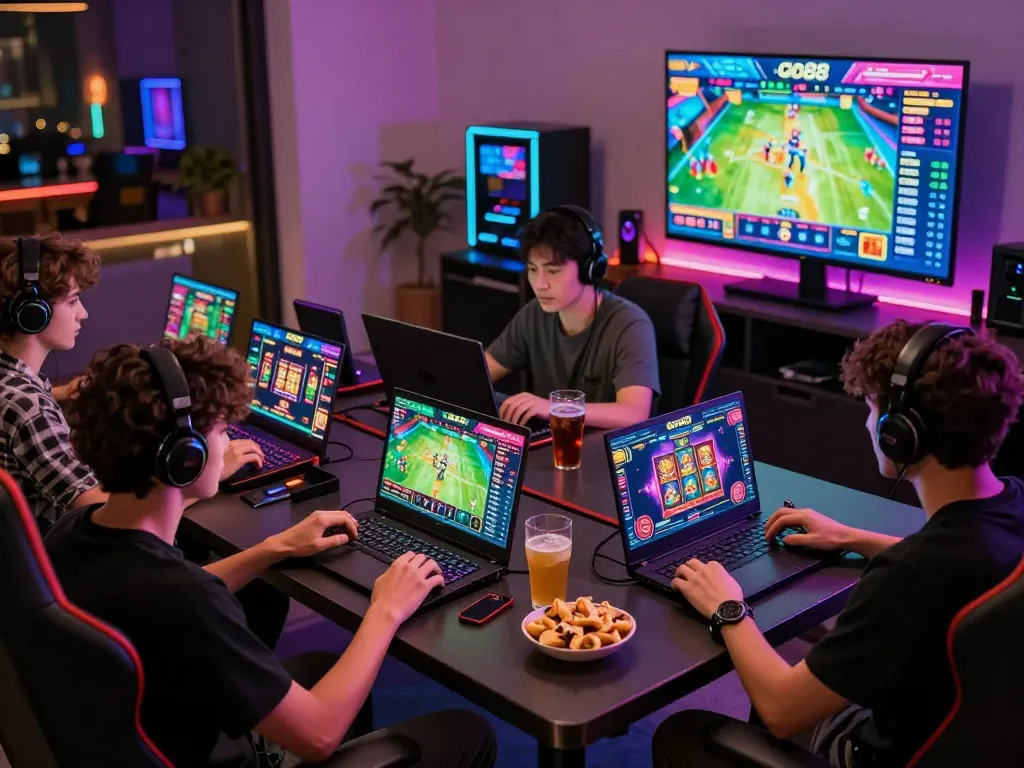Exciting Go88 online gaming scene with friends enjoying various games and vibrant visuals.