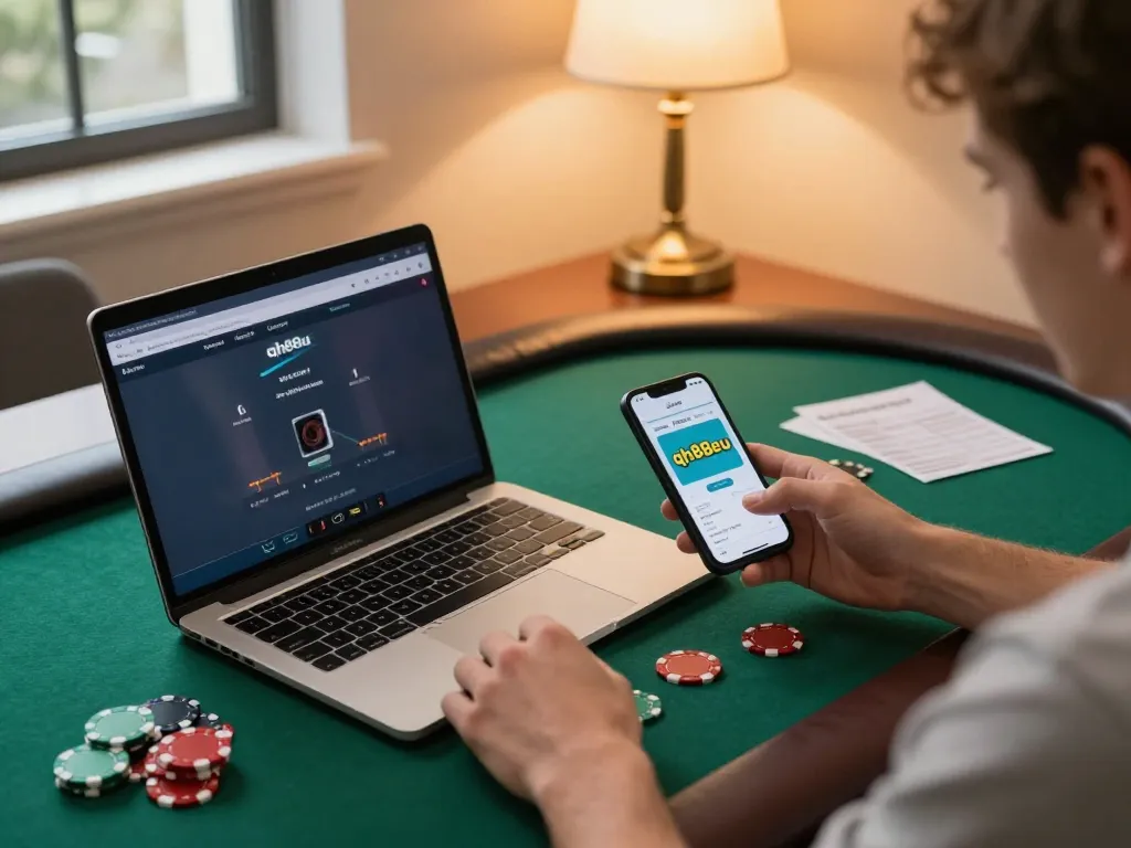 Player engaging in online poker using qh88eu app, showcasing a cozy home gaming environment.