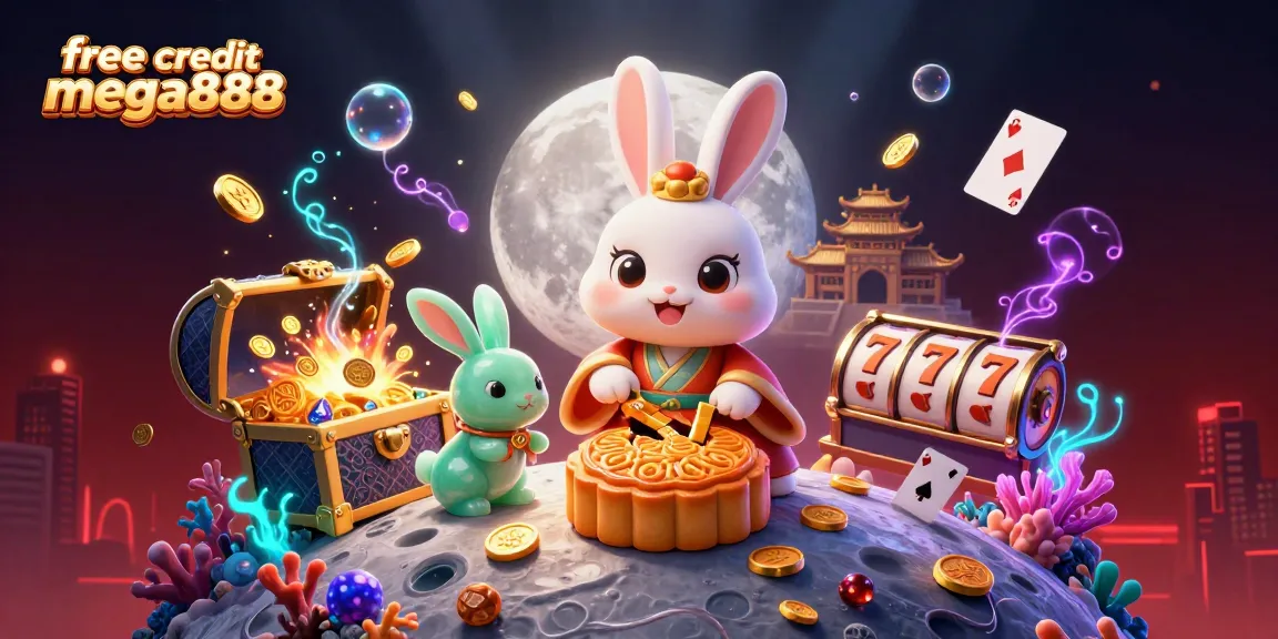 Maximize free credit mega888 with a whimsical scene of a moon rabbit and jackpot elements.