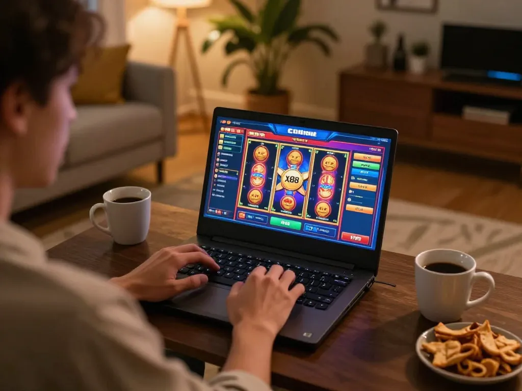 X88 online casino gaming setup with player engaging with colorful slot games.