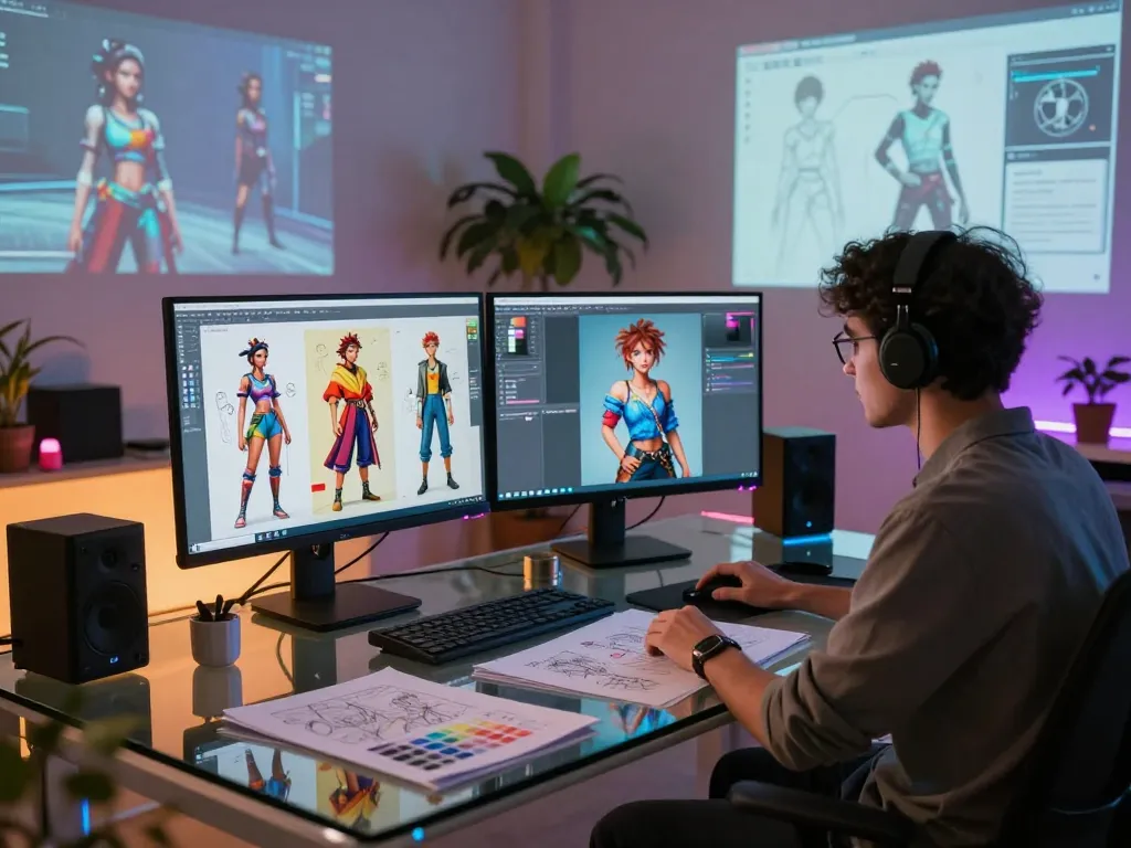 AI NSFW character design artist collaborating with AI tools in a modern digital studio