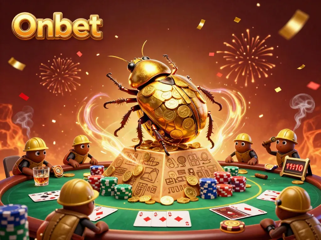Experience thrilling casino moments with Onbet's vibrant 3D golden beetle scene complete with poker elements.