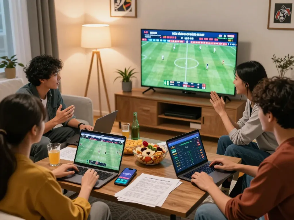 Friends analyzing kèo nhà cái hôm nay in a lively living room setting for sports betting.