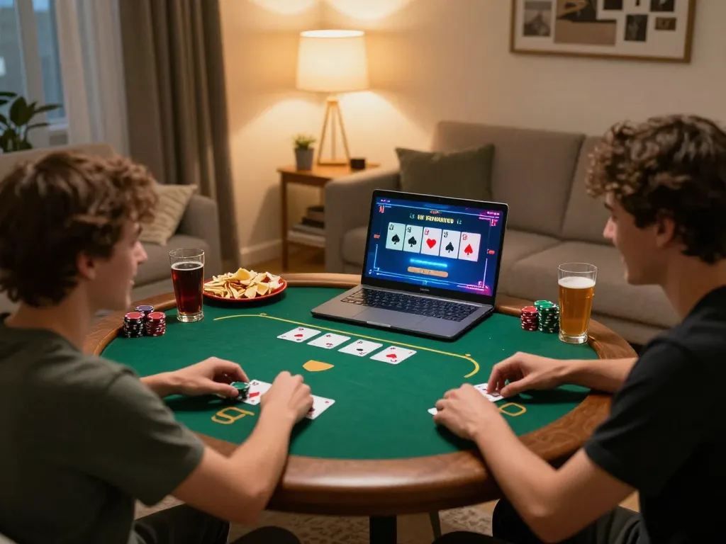 Player enjoying online poker on 99Win in a cozy home setting, showcasing strategic gameplay.