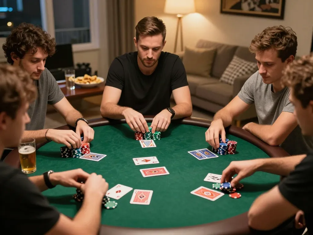 Engaging home poker night scene featuring friends playing and đăng ký MM88 for an exciting gaming experience.