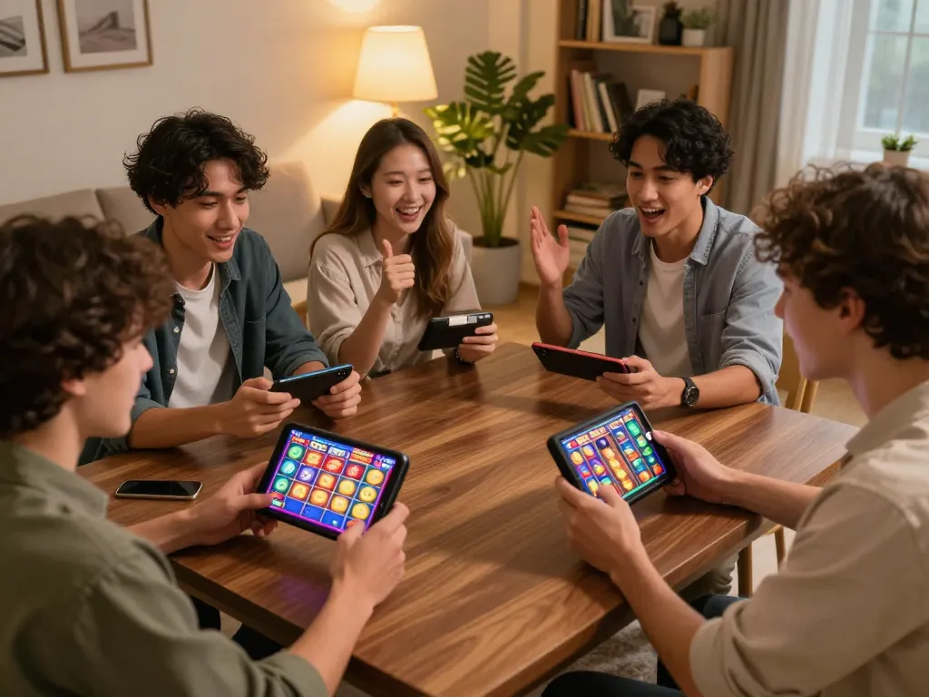 Players enjoying the dinamit4d online slot game on mobile devices with exciting graphics and cozy atmosphere.