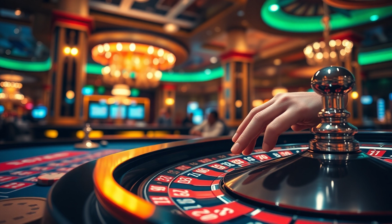 Engaging online casino atmosphere with vibrant roulette wheel and chips on a gaming table.