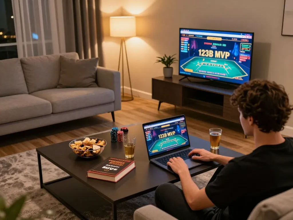 Person engaged in online gaming at 123B MVP, focusing on strategies and gameplay.