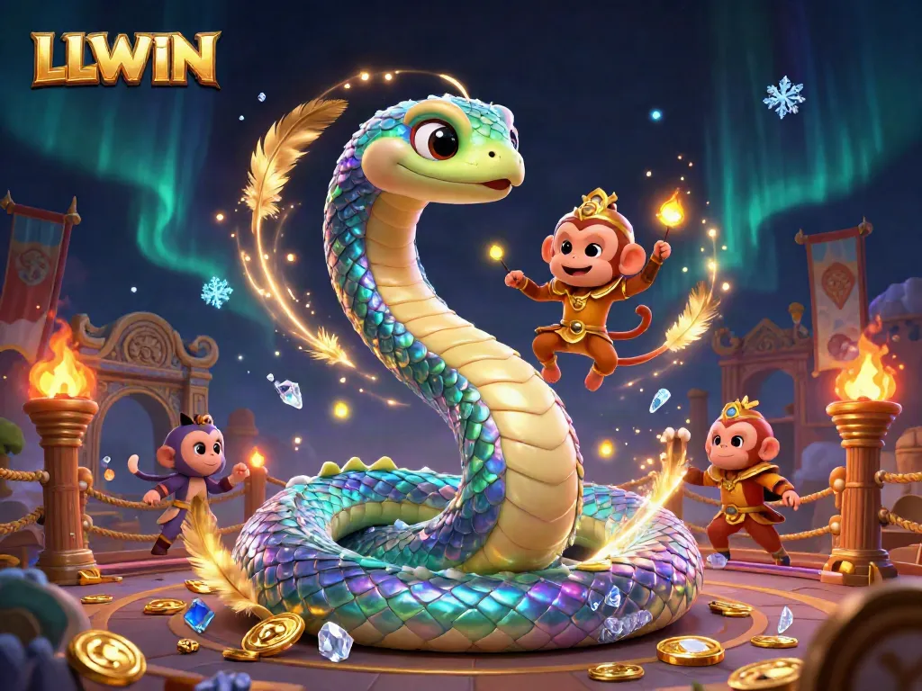 Experience thrilling casino adventures with LLWIN's lively digital illustration featuring a rainbow serpent and monkey king.