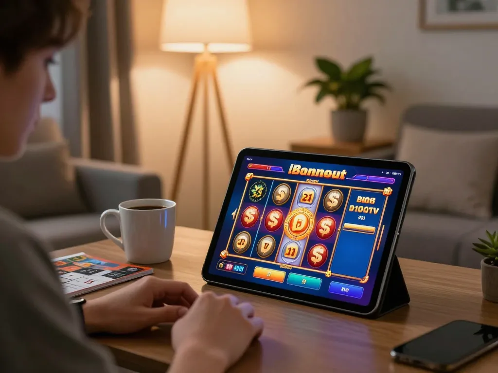 Engage in 388bet gaming from a cozy home setup with a vibrant slot interface on tablet.