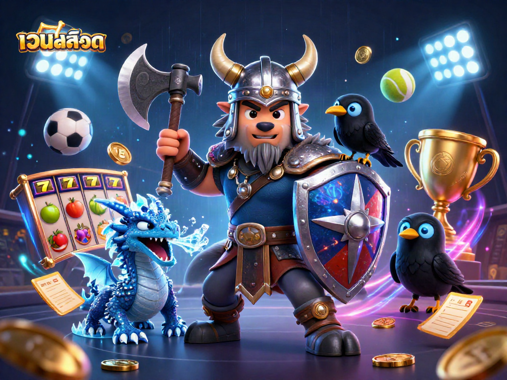 Play เว็บสล็อต with a Viking wolf warrior, fierce dragon, and vibrant sports elements in an exciting casino illustration.