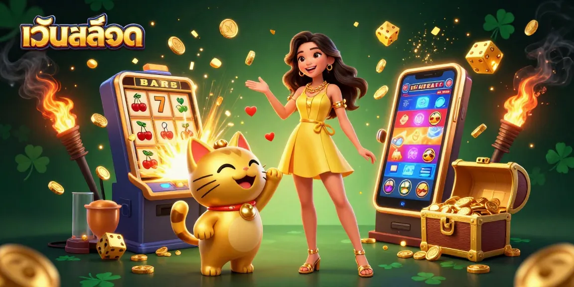 Experience exciting เว็บสล็อต with vibrant visuals of a cheerful woman and lucky cat amid a jackpot explosion.