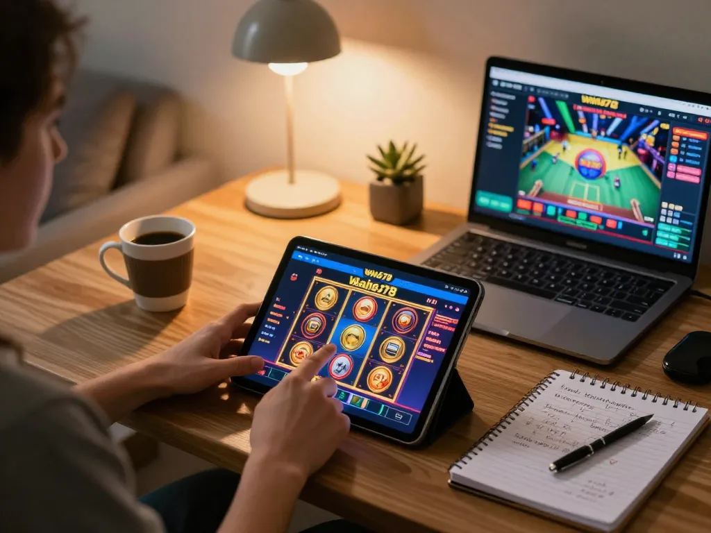 Engaging in thrilling slots gameplay on win678 casino app from a cozy home setup.